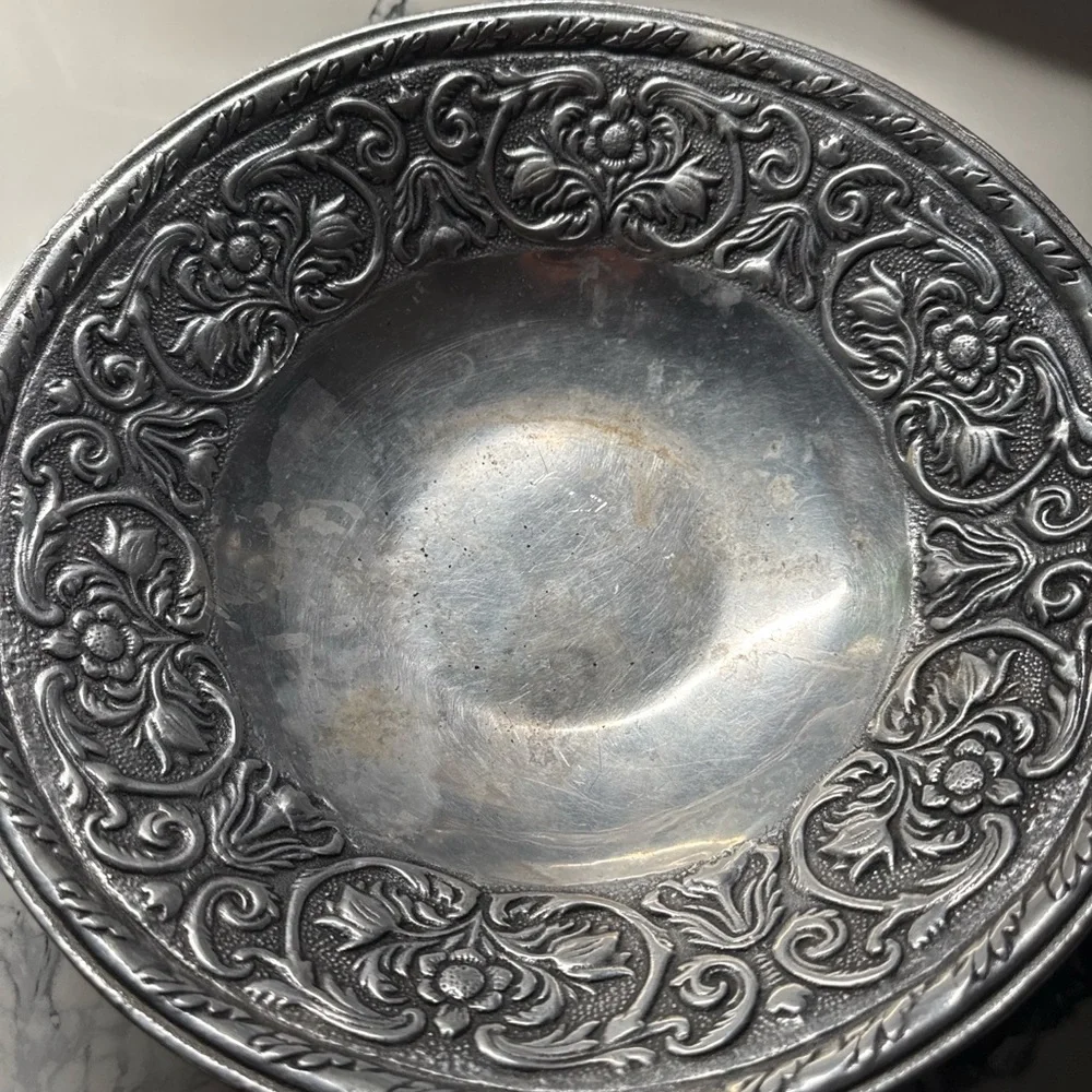 Decorative Silver-Tone Ornate Serving Bowl